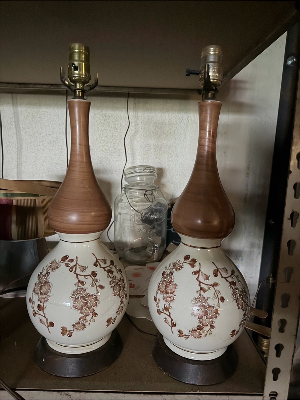 Vintage Style Cream and Brown Floral Table Lamp Pair